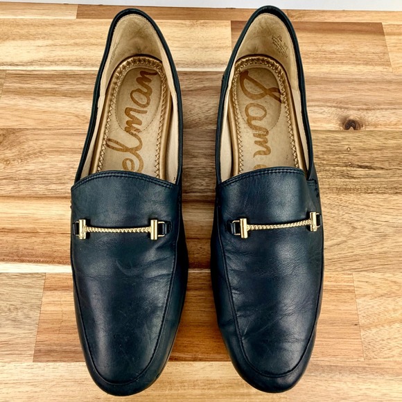 SAM EDELMAN Black Leather Gold Chain Detail Loafers Women 7.5M - Picture 2 of 9